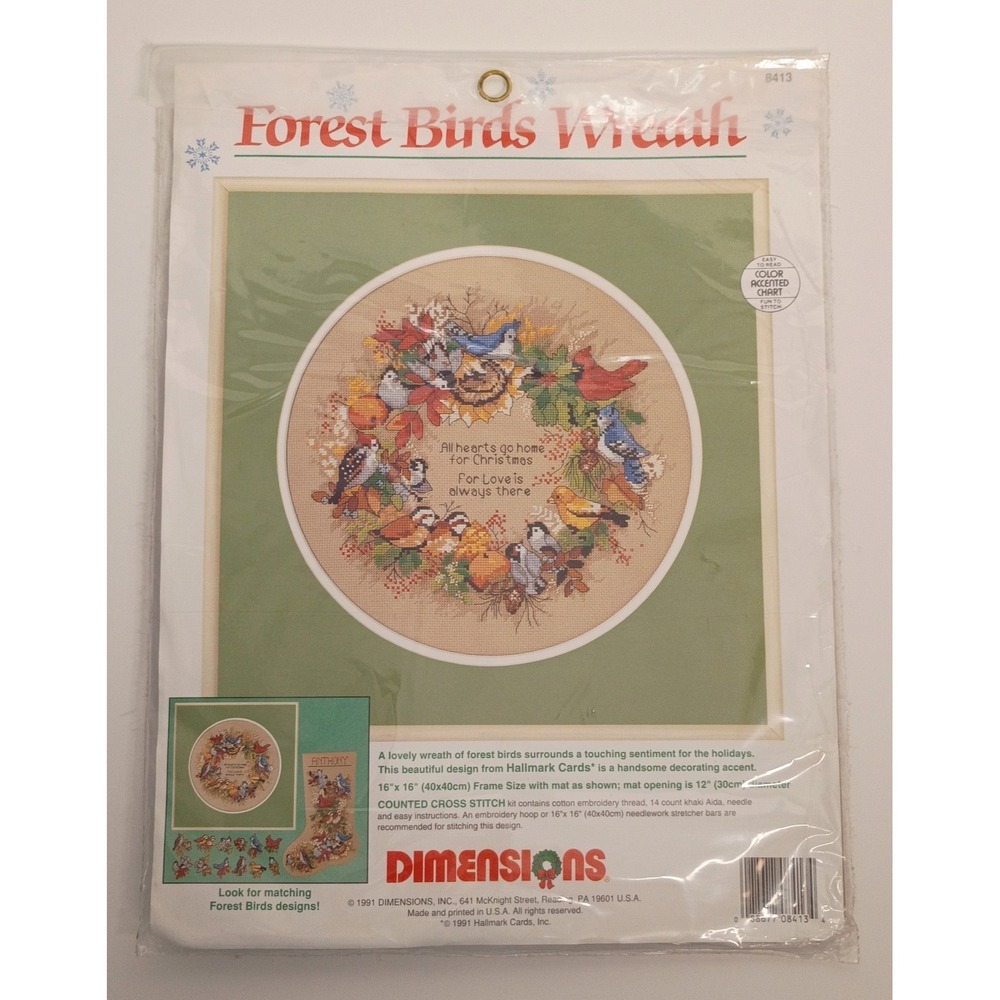 NIP Cross Stitch FOREST BIRDS WREATH KIT Dimensions 8413 Christmas Cardinal 1991